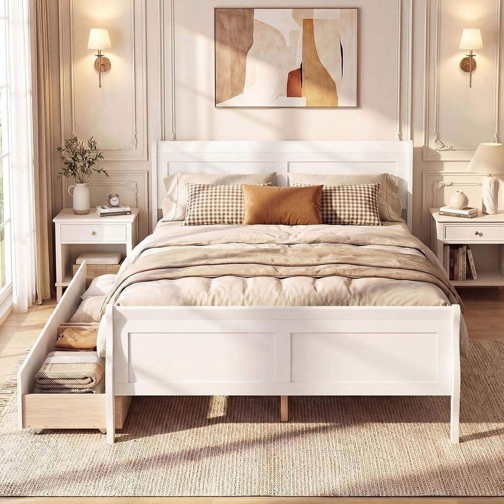 Giantex Full Bed Frame with 2 Storage Drawers, Wood Platform Bed with Headboard & Footboard, Wooden Slats Support Mattress Foundation, Sleigh Bedframe for Teens Adults, No Box Spring Needed (White)