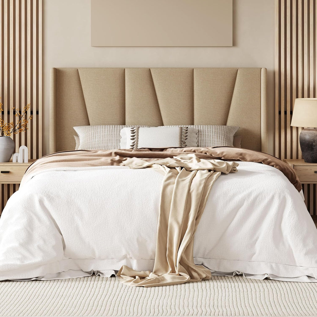 Allewie Queen Size Platform Bed Frame with Geometric Wingback Headboard, Boho Upholstered Bed with Wooden Slats Support, No Box Spring Needed, Easy Assembly, Beige