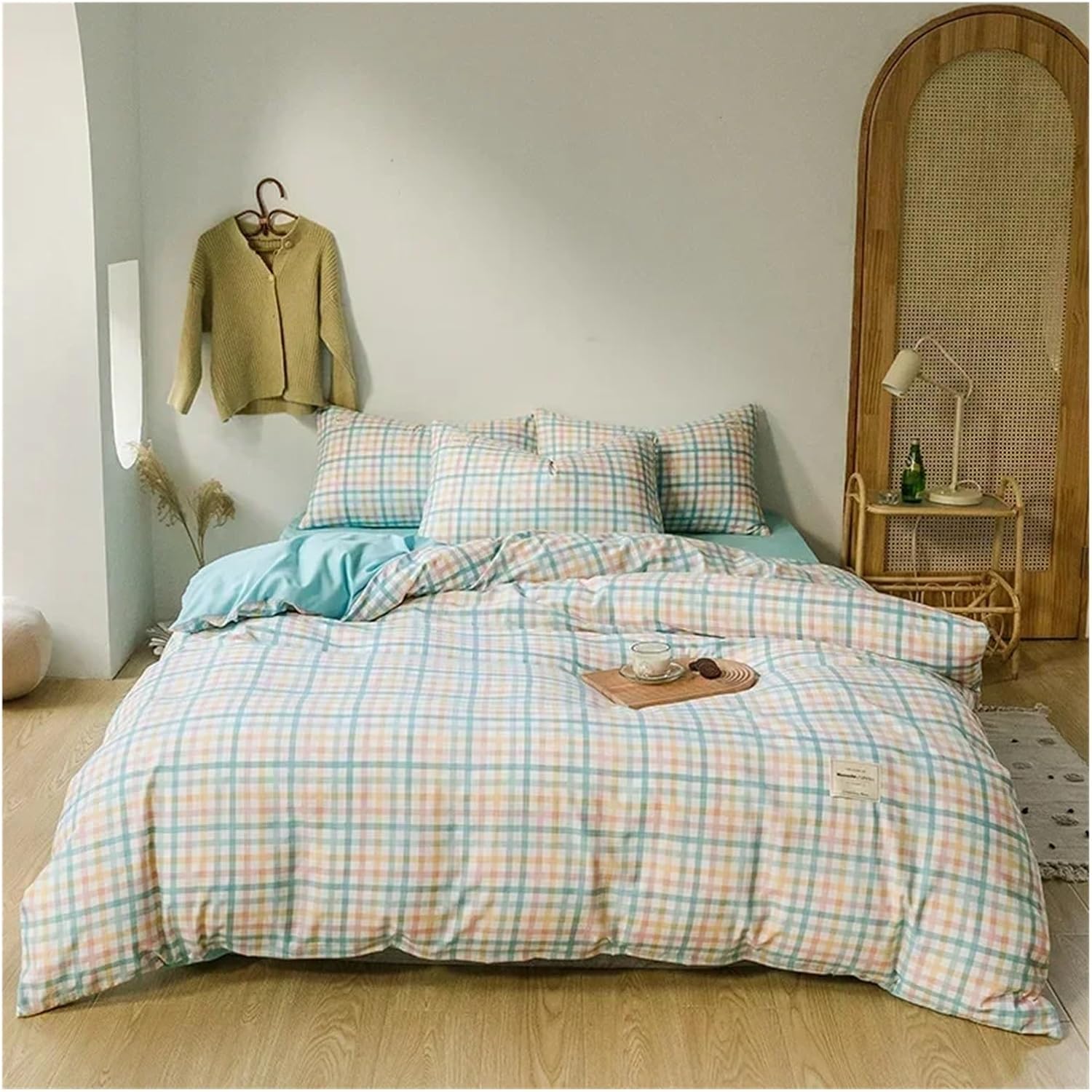 Bedding Set Grid Dyed Cotton Washed Cotton Four-Piece Set Pure Cotton Brushed Simple Soft Bed Sheet Quilt Cover Linens,Bed Sheets