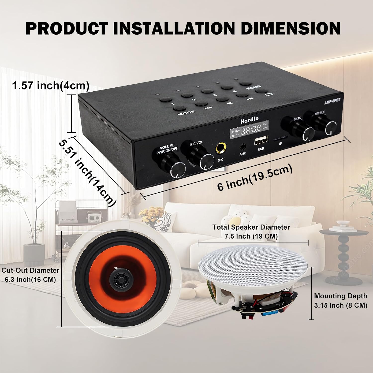 Herdio 6.5" Bluetooth Ceiling Speakers with 8-Channel 4-Zone Amplifier Set, Support Bluetooth 5.4 & Independent Power ON/Off Function for Home Theater, Multi-Room Audio System (8 Speakers)
