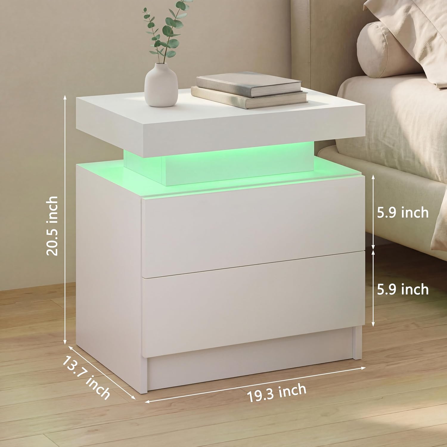 i-aplus Night Stand Set 2,LED Nightstands Set of 2,Bedside Table with Wood Drawers,Modern End Side Table for Bedroom,White