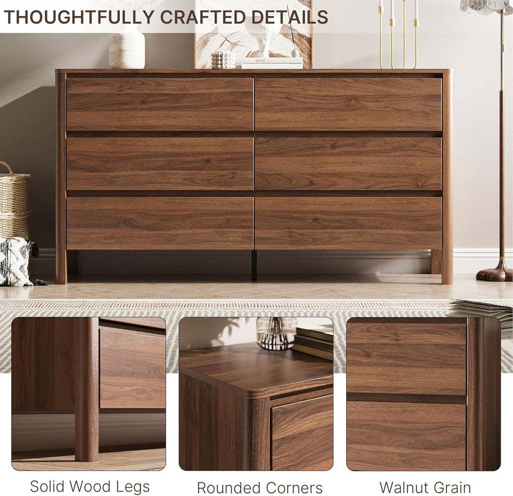 MAISONARIA Walnut 3-Piece Dresser Bedroom Set, 6 Drawers Dresser & 2 Drawer Nightstands with Hidden Handles, Wood Chest of Drawers for Bedroom, Living Room, Entryway