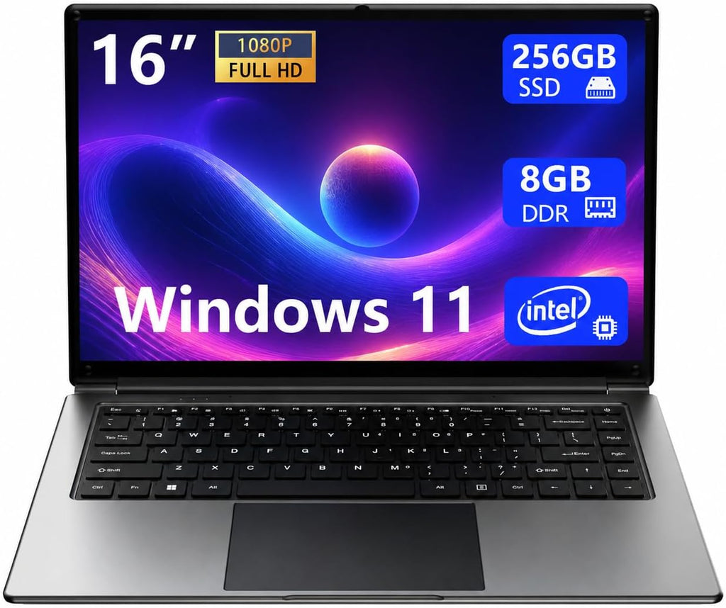 Laptop 16-inch , 8GB DDR 256GB SSD portable laptop computer, expandable to 1TB, Pentium quad-core CPU up to 2.64 GHz, 9000mAh battery, interface, USB3.0 interface, dual-band WiFi, webcam, slim laptops