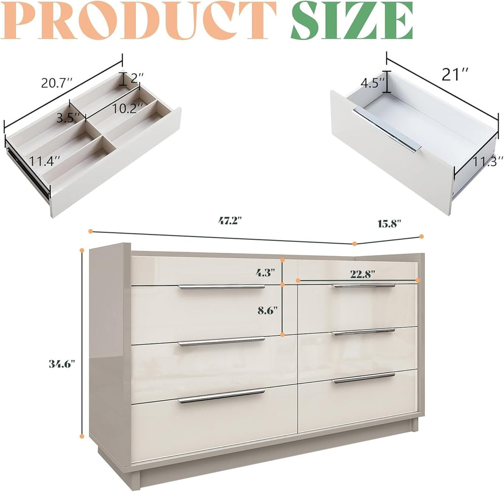 AMERLIFE High Gloss Dresser Set, 3 Piece Bedroom Furniture Set, 8 Drawer Dresser with LED Light & 2 Nightstands with Charging Station, Modern UV Finish, Bedroom Storage Organizer, Cream & Grey