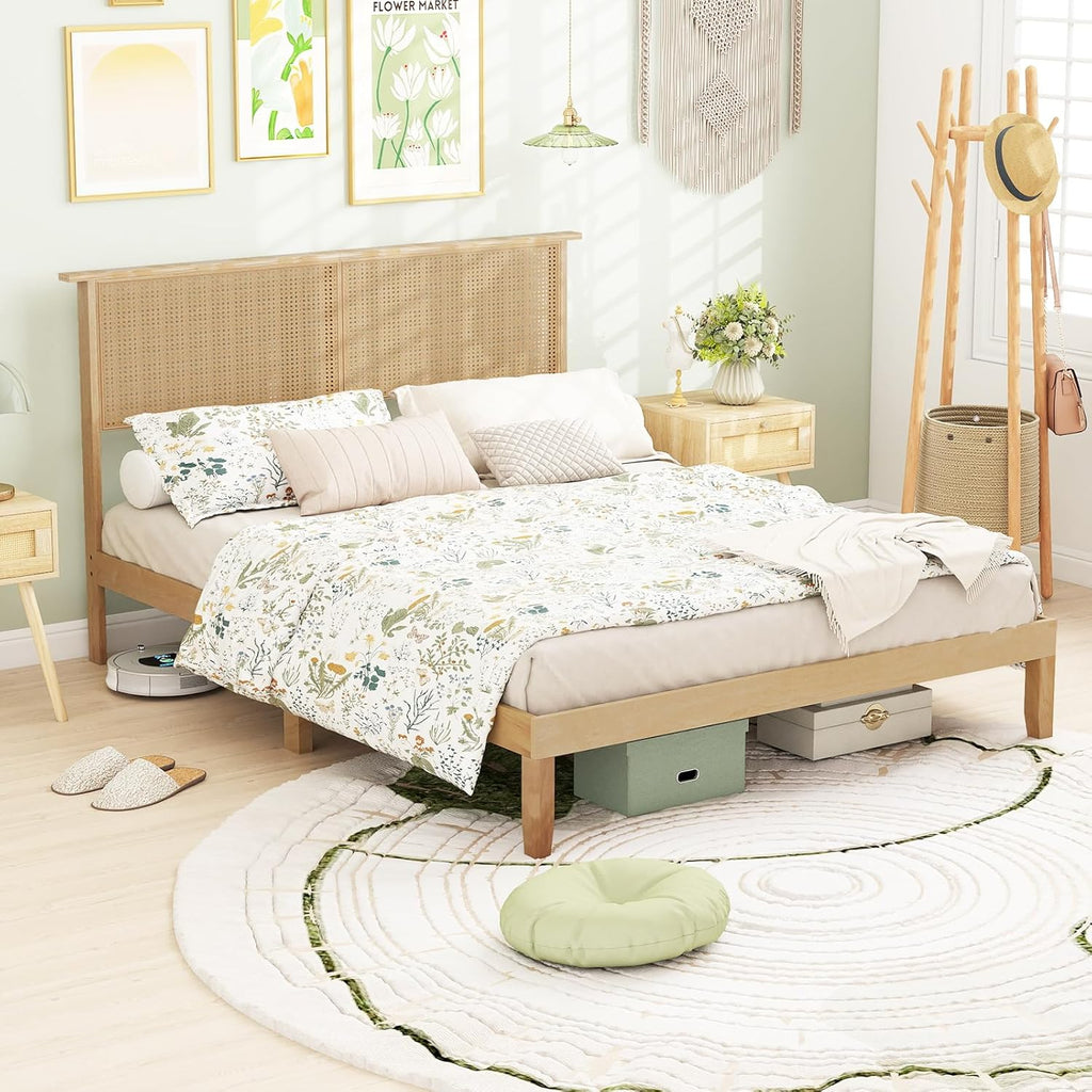 Giantex Rattan Queen Bed Frame, Boho Platform Bed with Natural Wicker Headboard, Solid Wood Foundation & Support Slats, Under-Bed Storage, Queen Size Bedframe for Adults, No Box Spring Needed