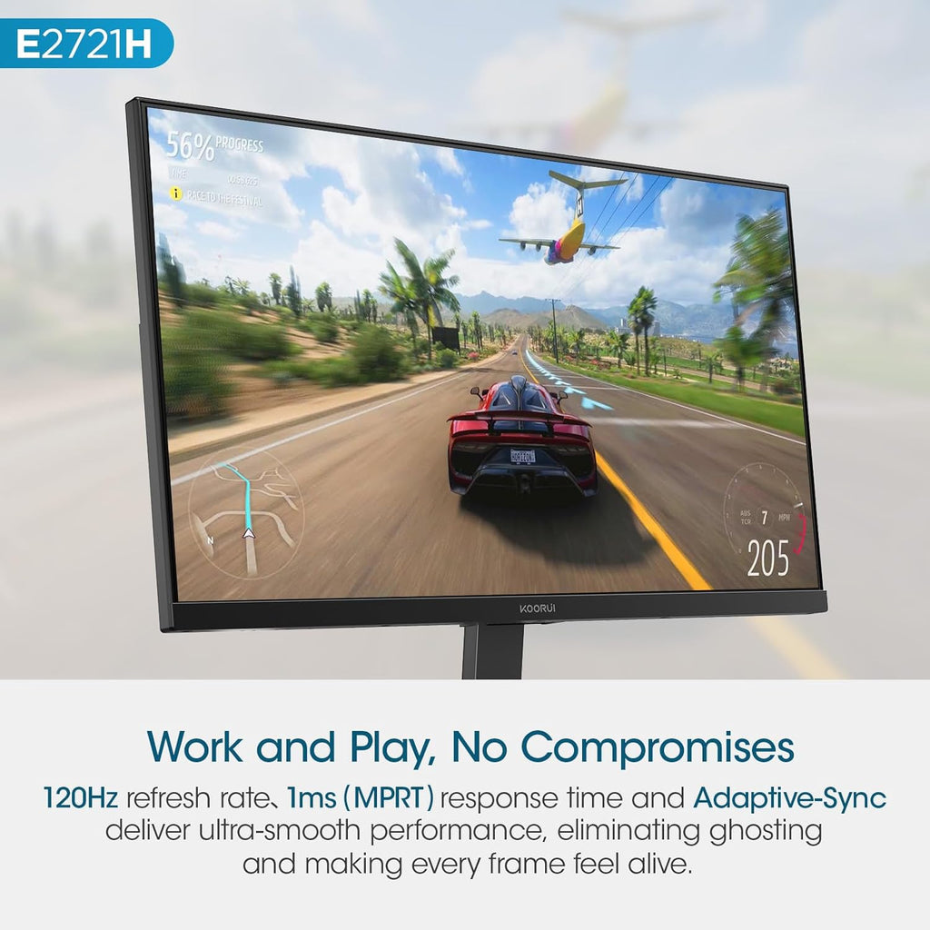 KOORUI 27 Inch QHD (2560x1440) IPS HDR Ultra-Thin Computer Gaming Monitor, 120Hz Refresh Rate, DCI-P3 95%, FreeSync & G-Sync, 1ms MPRT, VESA 100x100mm, Tilt Adjustable for Game and Work, E2721H