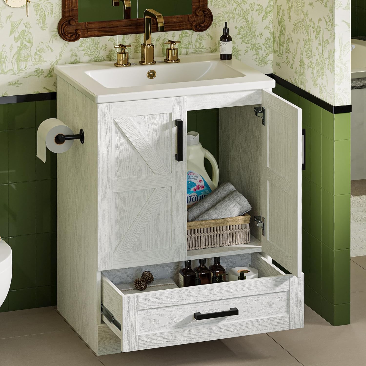 IRONCK Bathroom Vanity, 24" Bathroom Vanity with Sink, Farmhouse Wood Fixture Stand Pedestal Bathroom Cabinet with Drawer, Easy Assembly