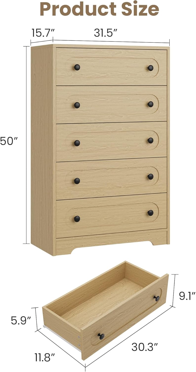 Garvee 5 Drawer Dresser for Bedroom, 50" Tall Large Dresser with Deep Drawers & Metal Knobs, Wooden Mid Century Modern Chest of Drawers for Living Room, Entryway, Hallway, Natural