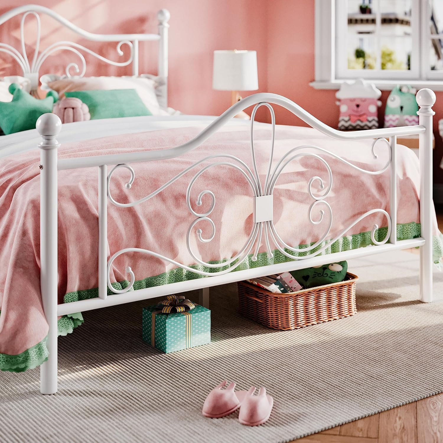 SHA CERLIN Full Size Bed Frame with Headboard,Metal Bed Frame with Butterfly Pattern Design Headboard & Footboard,No Box Spring Needed,Easy Assembly,White