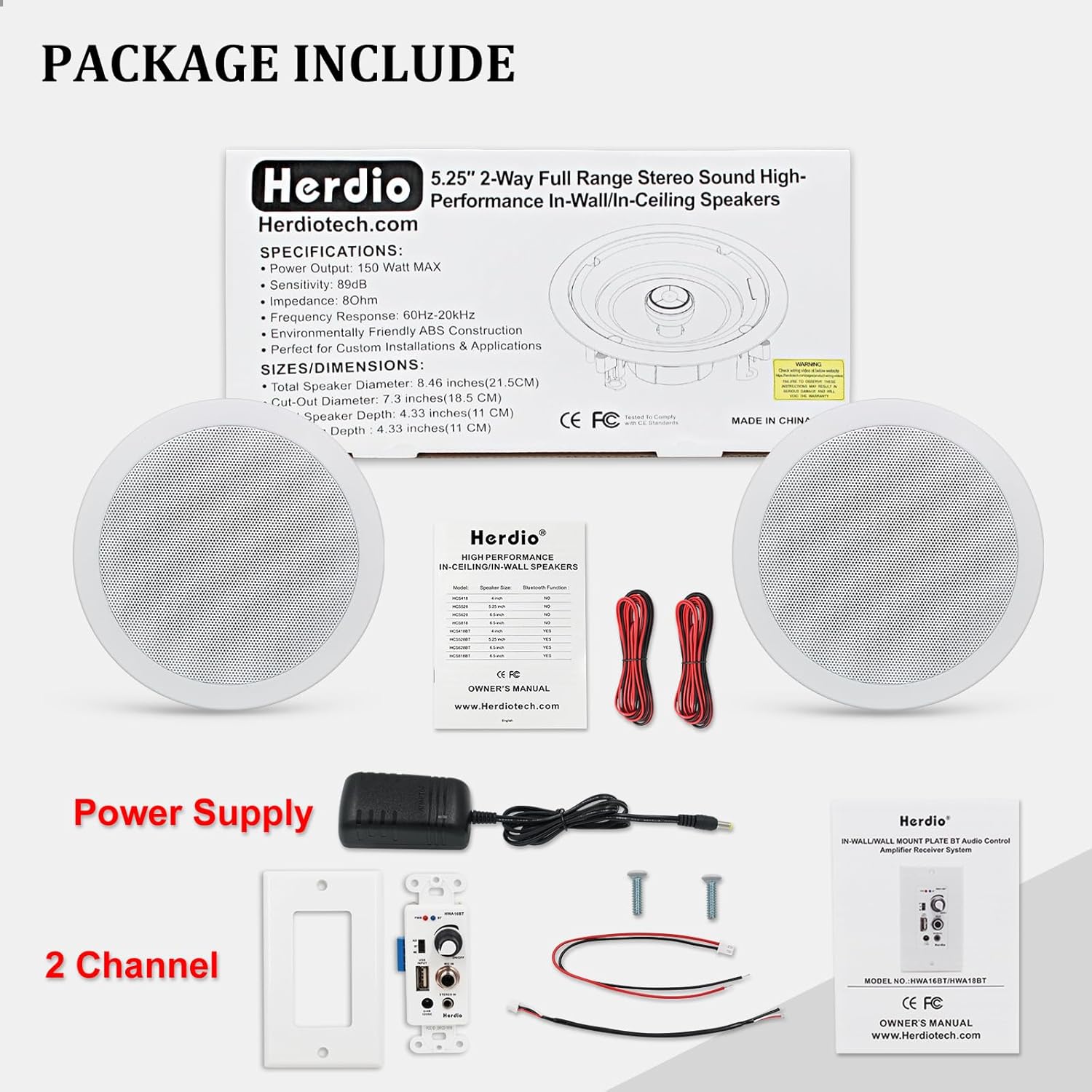 Herdio 5.25'' Home Audio Package Wall Mount Bluetooth Amplifier Receiver System with 300W in Ceiling Wall Passive Speakers Great for Home Theater Office Bathroom Kitchen Living Room (A Pair)