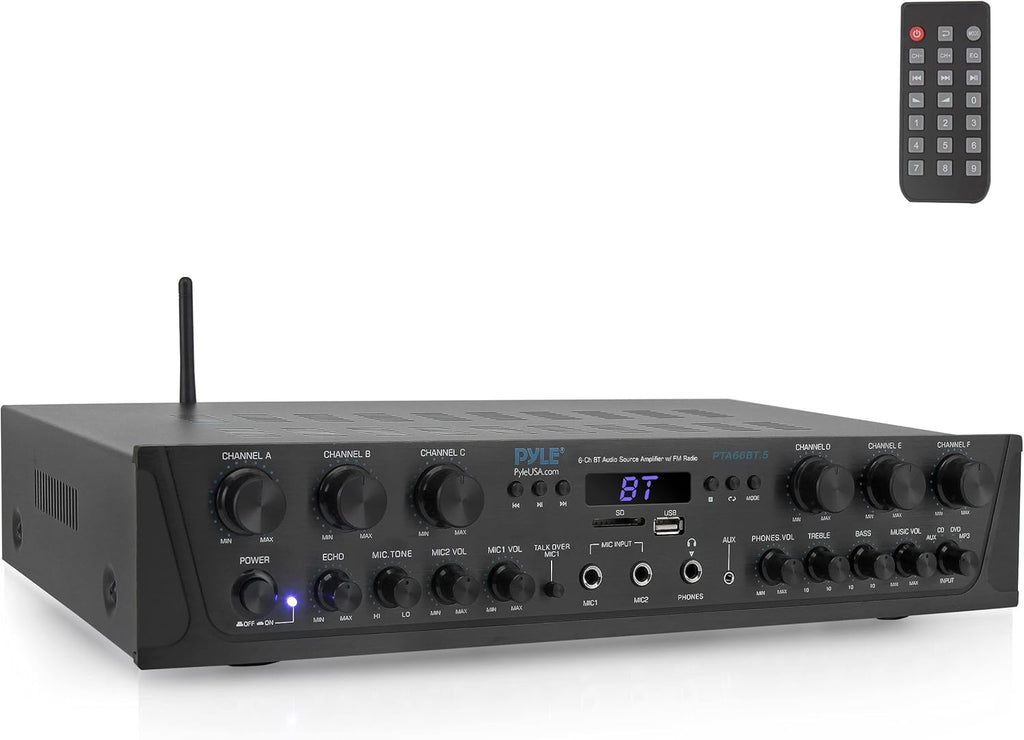 Pyle Home Audio Amplifier with Bluetooth - 6 Channel 600 Watt Peak Power, Karaoke with Echo, 2 Mic Input with Talkover, Headphone In, USB A MP3 Player with SD Reader - Home, Commercial, Worship