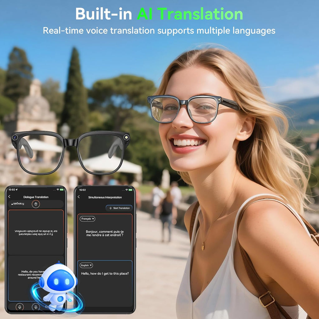 Hwagol Smart Glasses with Camera, 8MP HD Photo and Video Recording,AI Glasses with Real-Time Translation/Object Recognition/AI Voice Q&A/Recording, Calls and Music,UV & Blue Light Protection (Clear)