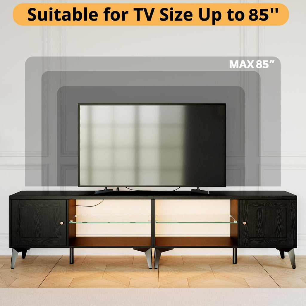 LIKIMIO 2-in-1 TV Stand for 85 Inch TV, Black TV Consoles with LED Lights & Charging Station, Entertainment Center with Storage Cabinets & Adjustable Glass Shelves, TV Table for Living Room & Bedroom