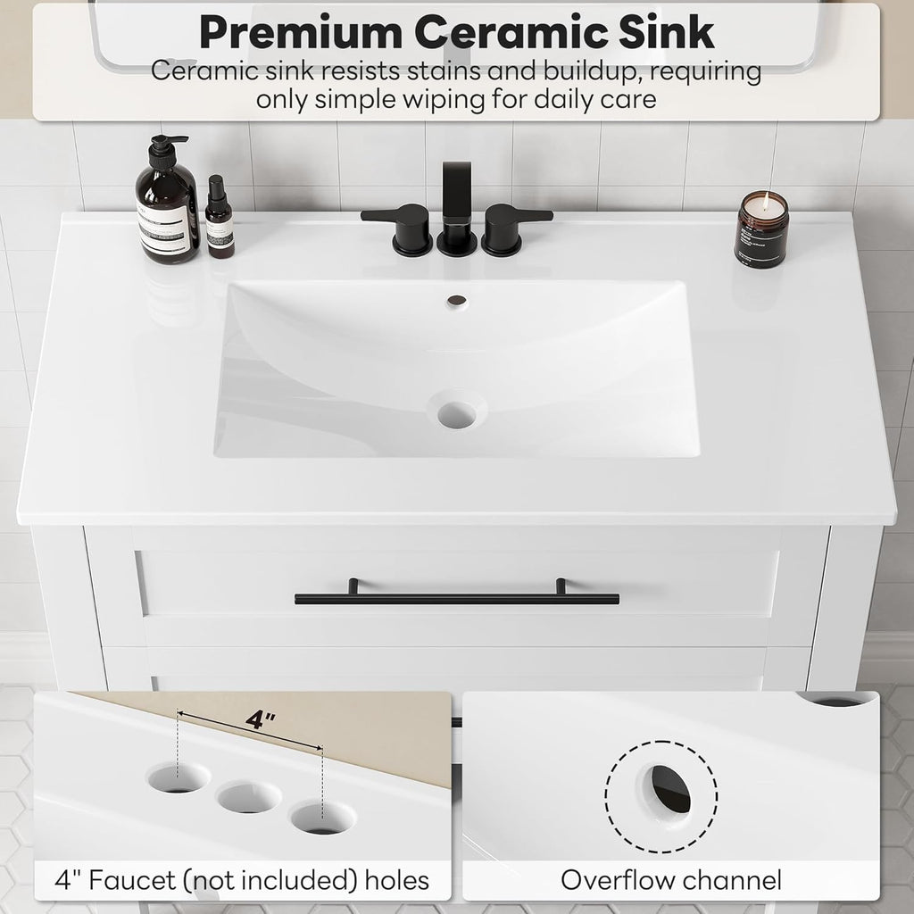 LIKIMIO 36" Bathroom Vanity with Sink, Freestanding Bathroom Vanity with 2 U-Shaped Drawers & Open Shelf, Integrated Ceramic Sink, Modern Bathroom Storage Cabinet, Easy Assembly, White