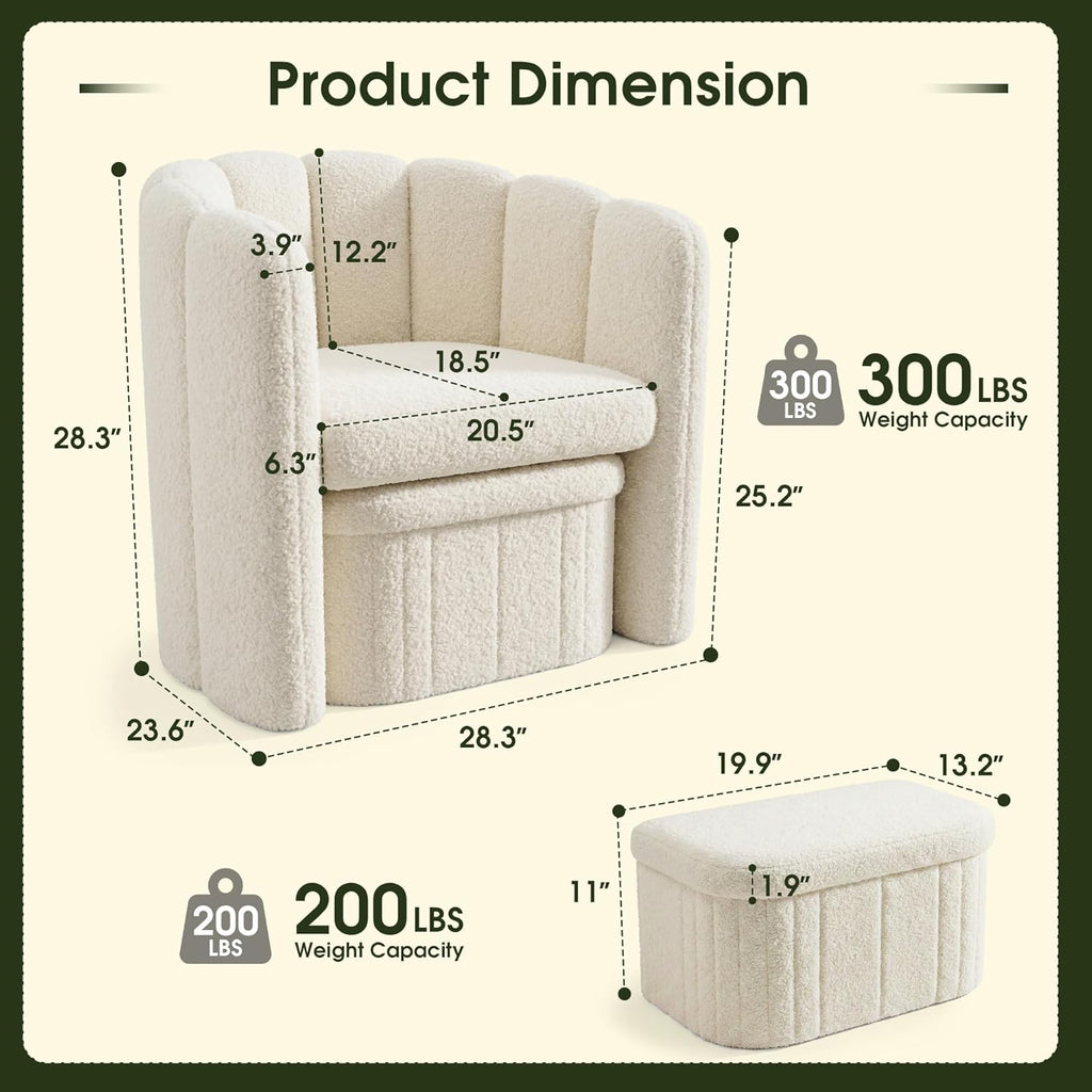 Homkdom Barrel Accent Chair with Storage Ottoman, Teddy Fleece Shell Back with Lumbar Support, Spring Foam Seat, 300 lbs, for Bedroom Reading Corner, Creamy White
