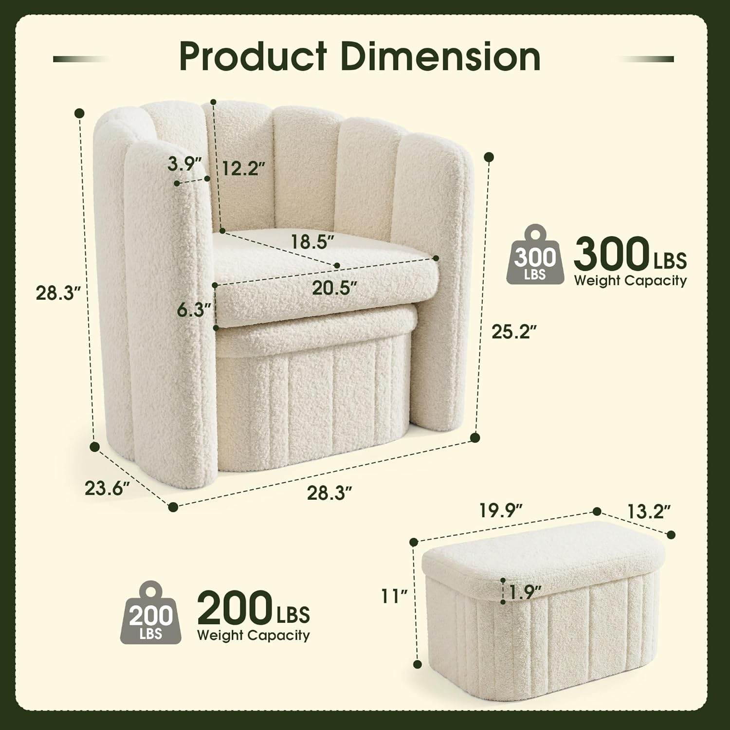 Homkdom Barrel Accent Chair with Storage Ottoman, Teddy Fleece Shell Back with Lumbar Support, Spring Foam Seat, 300 lbs, for Bedroom Reading Corner, Creamy White