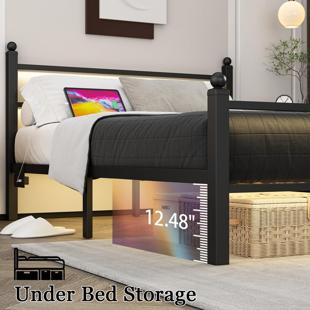 Jenmit Full Size Bed Frame with Charging Station & LED Lights, Metal Platform Bed Frame with Headboard and Footboard, Storage Space Under Bed, No Box Spring Needed, Noise Free, Easy Assembly, Black
