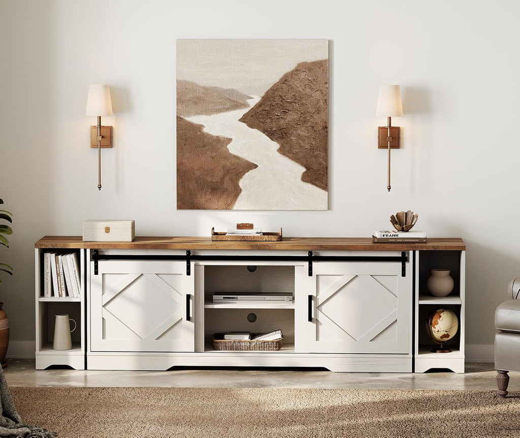WAMPAT 3-in-1 Modern Farmhouse TV Stand for up to 95" TV, 25.6" H Wood Entertainment Center with Sliding Barn Door and Adjustable Media Storage Shelf for Living Room, Antique White