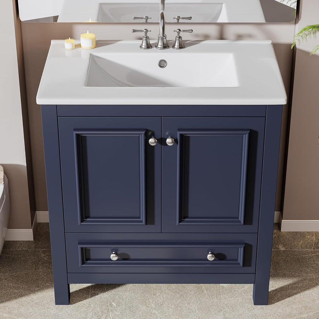 Tribesigns Modern Bathroom Vanity with Sink, Freestanding Bathroom Vanities Cabinet with Ceramic Basin Combo, Bathroom Sink Cabinet with 2 Doors and 1 Drawer, Solid Wooden Frame (Navy Blue, 30 INCH)
