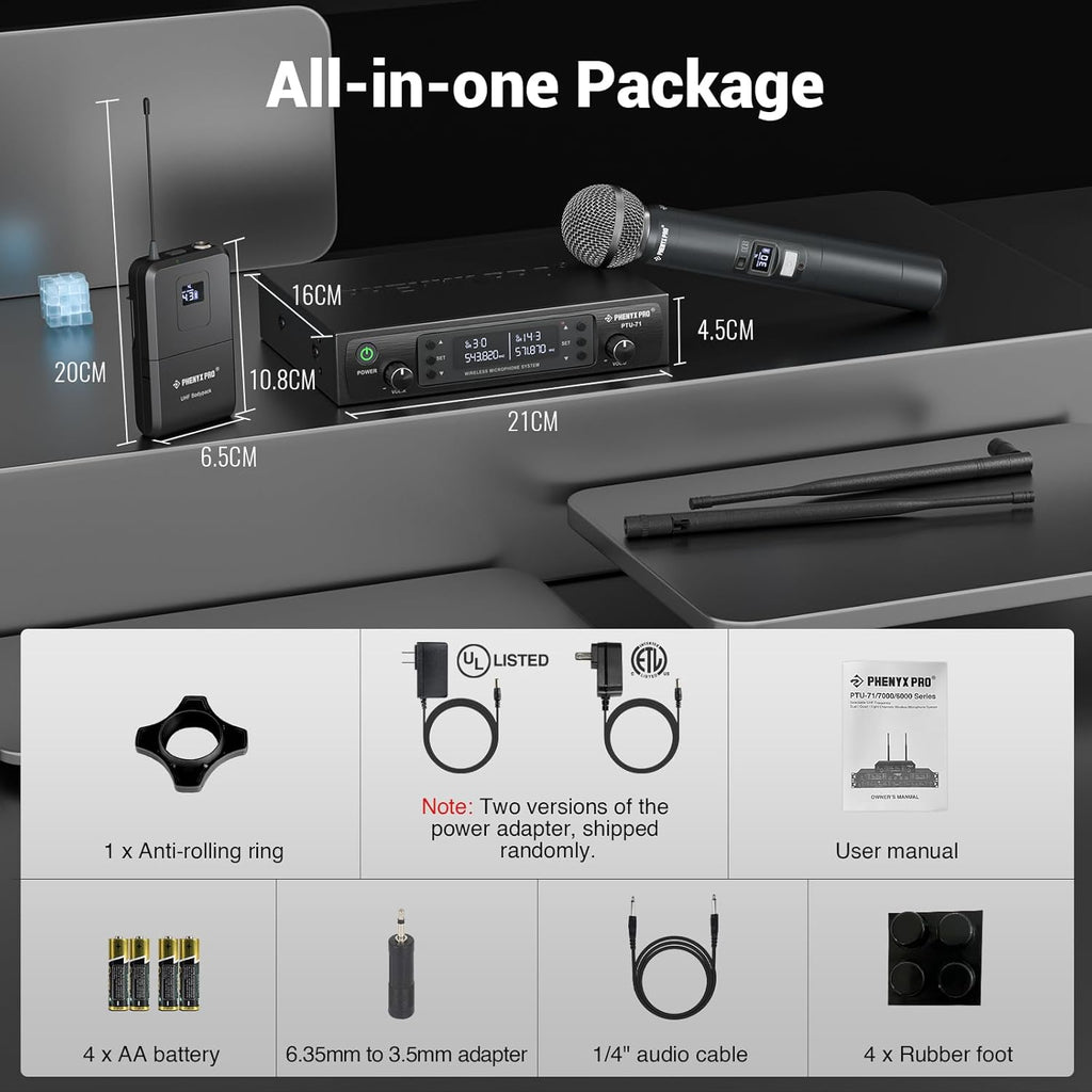 Phenyx Pro Wireless Microphone System, Dual Channel 100 UHF Metal Receiver, 328ft Range Auto Scan, Cordless Handheld & Bodypack & Lapel Mic Combo for Karaoke Church Speech PTU-71-1H1B