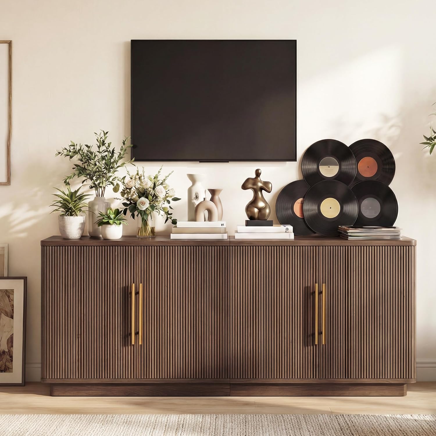 YITAHOME TV Stand for TVs up to 80 Inches, Media Console with 4 Fluted Doors, 70" Entertainment Center with Ample Storage for Living Room(Natural Oak)