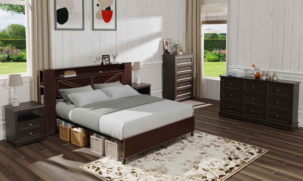 LOUVIXA Farmhouse Bedroom Sets of 4, 4Pcs Farmhouse Dresser Set .Including 9 Drawer Dresser, 5 Drawer Dressers and Nightstand Set of 2 with Charging Station (Brown Sets, 4 Pieces)