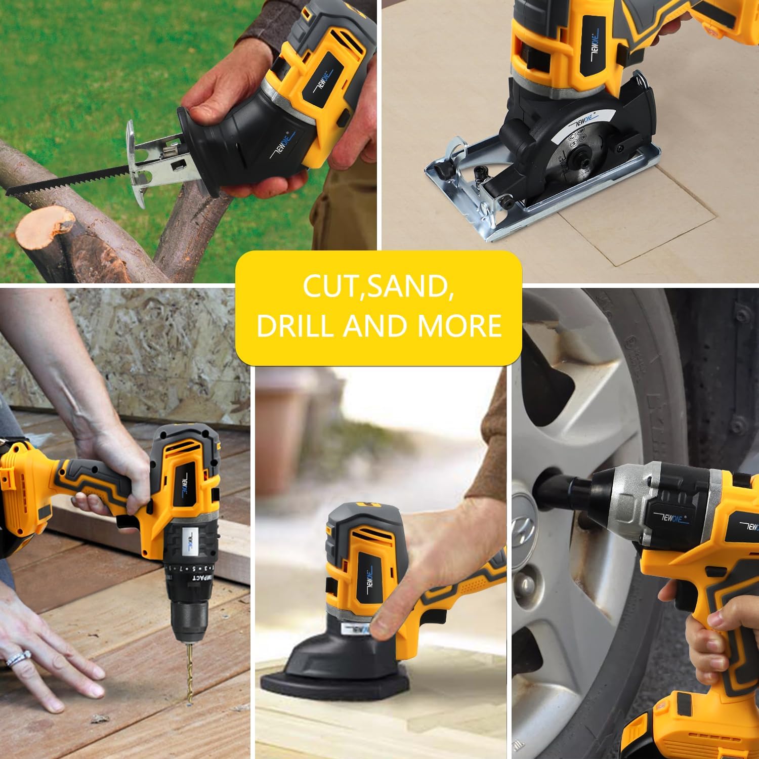 NEWONE 5-Tool Cordless Tool Combo Kit Compatible with De-Walt 20V Battery,Tool Set with Circular Saw, Drill,Reciprocating Saw, Impact Wrench, Sander with Accessories, 4.0Ah Lithium Battery and Charger