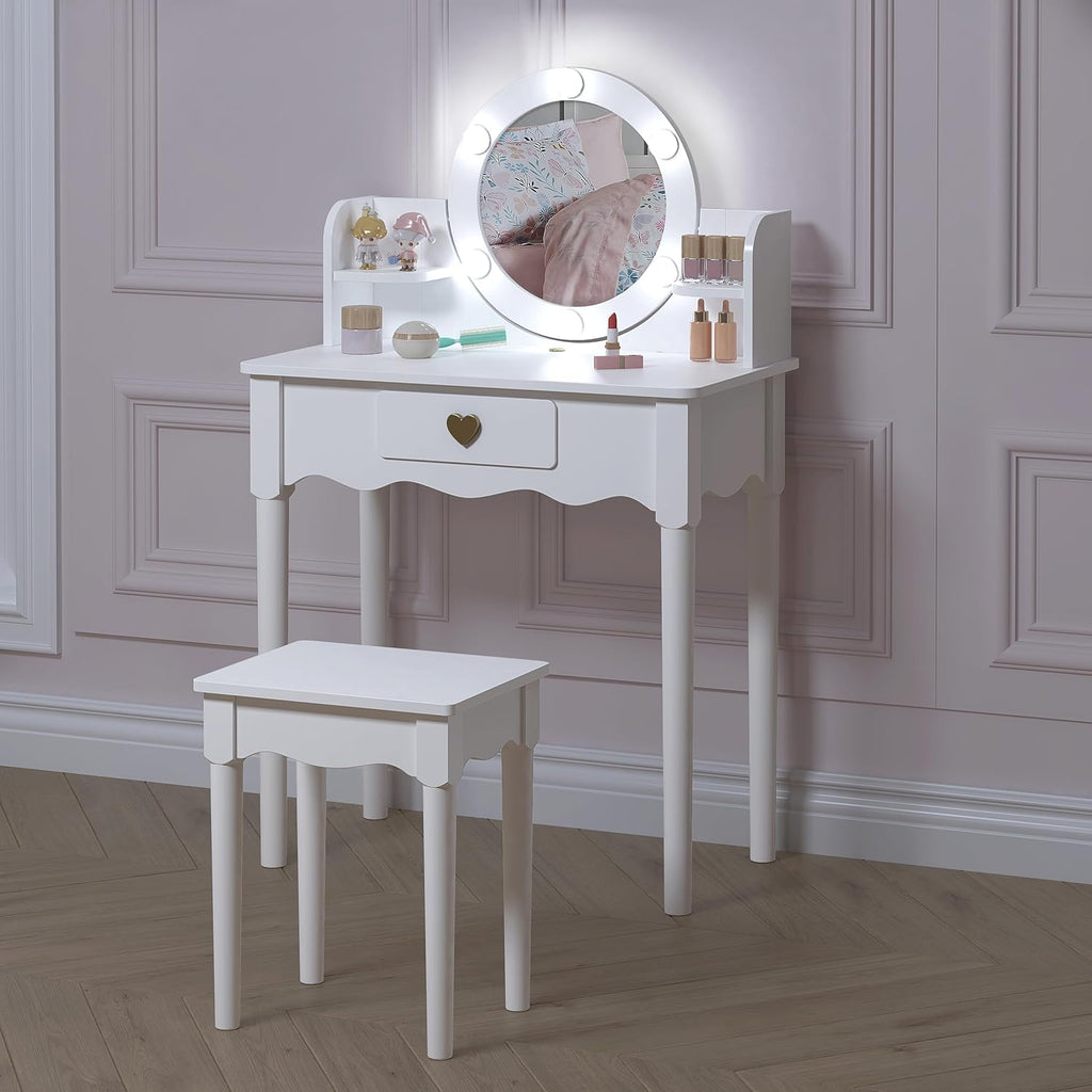 UTEX Kids Vanity, Girls Vanity Set with Mirror and Stool and Lights, Kids Vanity Table and Chair Set,Wooden Princess Makeup Desk Dressing Table, White