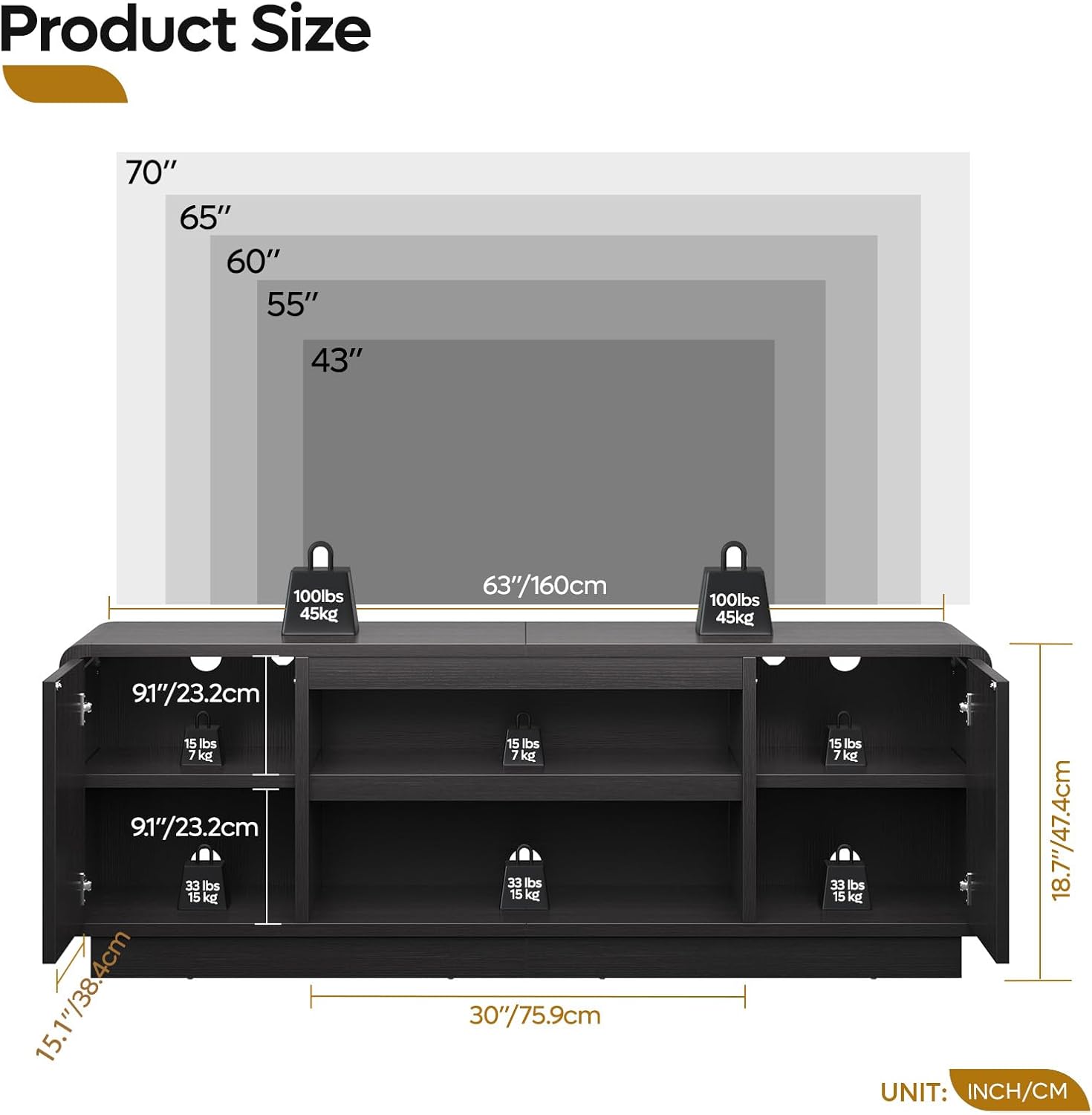 Bestier 63" Mid Century Modern TV Stand for Living Room, Wood Media Console Cabinet for TVs up to 70", Entertainment Center with 2 Arched Doors, Adjustable Shelves & 6 Cable Holes, Black