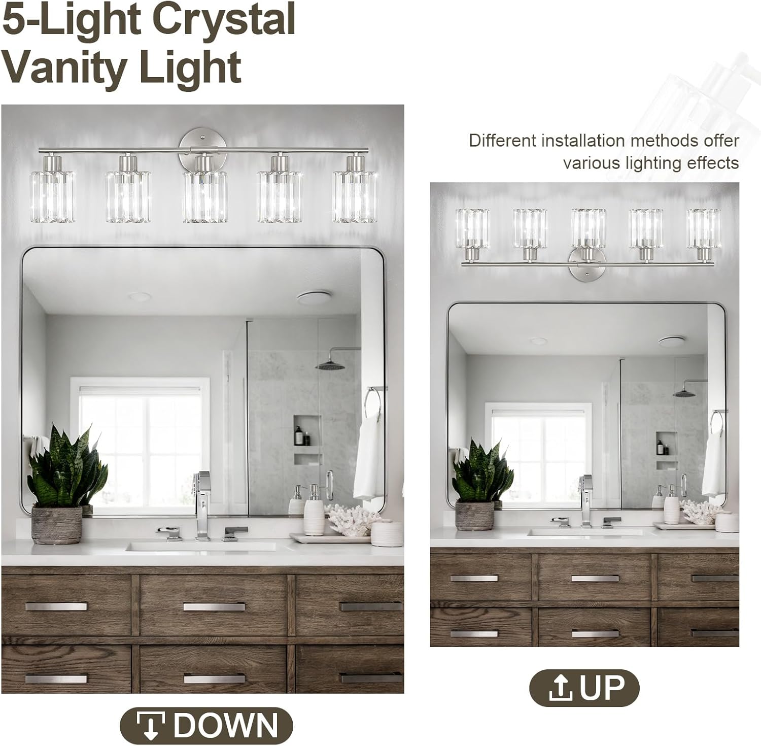 Crystal Bathroom Light Fixtures,Bathroom Lighting Fixtures Over Mirror, Modern 5-Light Brushed Nickel Vanity Lights for Mirror, Restroom,Kitchen(Ceramic E26 Socket,Bulbs Not Include)