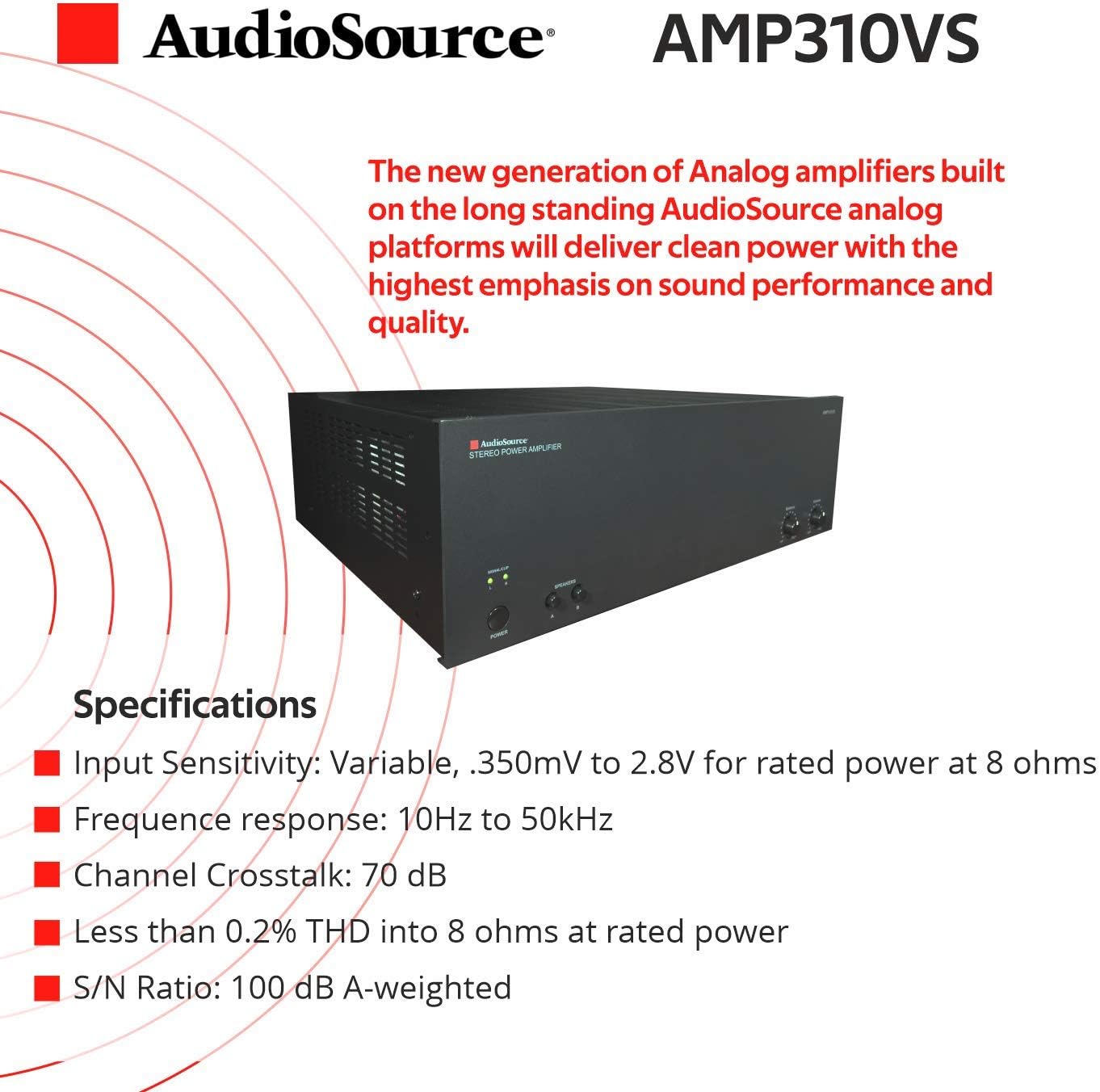 AudioSource Analog Amplifier, Stereo More Power A Amplifier AMP310VS for Home Sound Systems