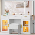YITAHOME 56" LED Vanity Desk with Tri-Fold Mirror & Lights, RGB Glass Storage, 3 Drawers