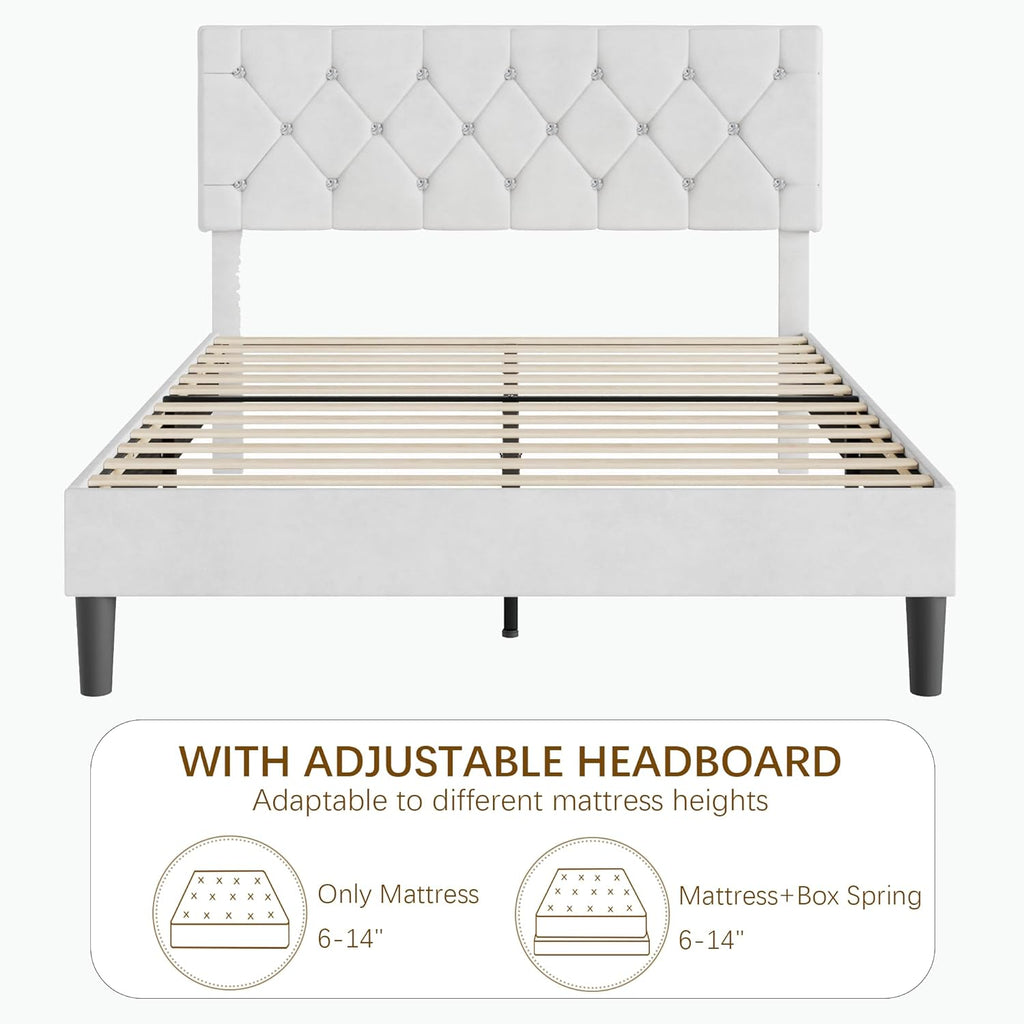VECELO Full Size Bed Frame with Diamond Tufted Headboard, Upholstered Platform Bedframe with Wood Slat Support, No Box Spring Needed, Velvet & White