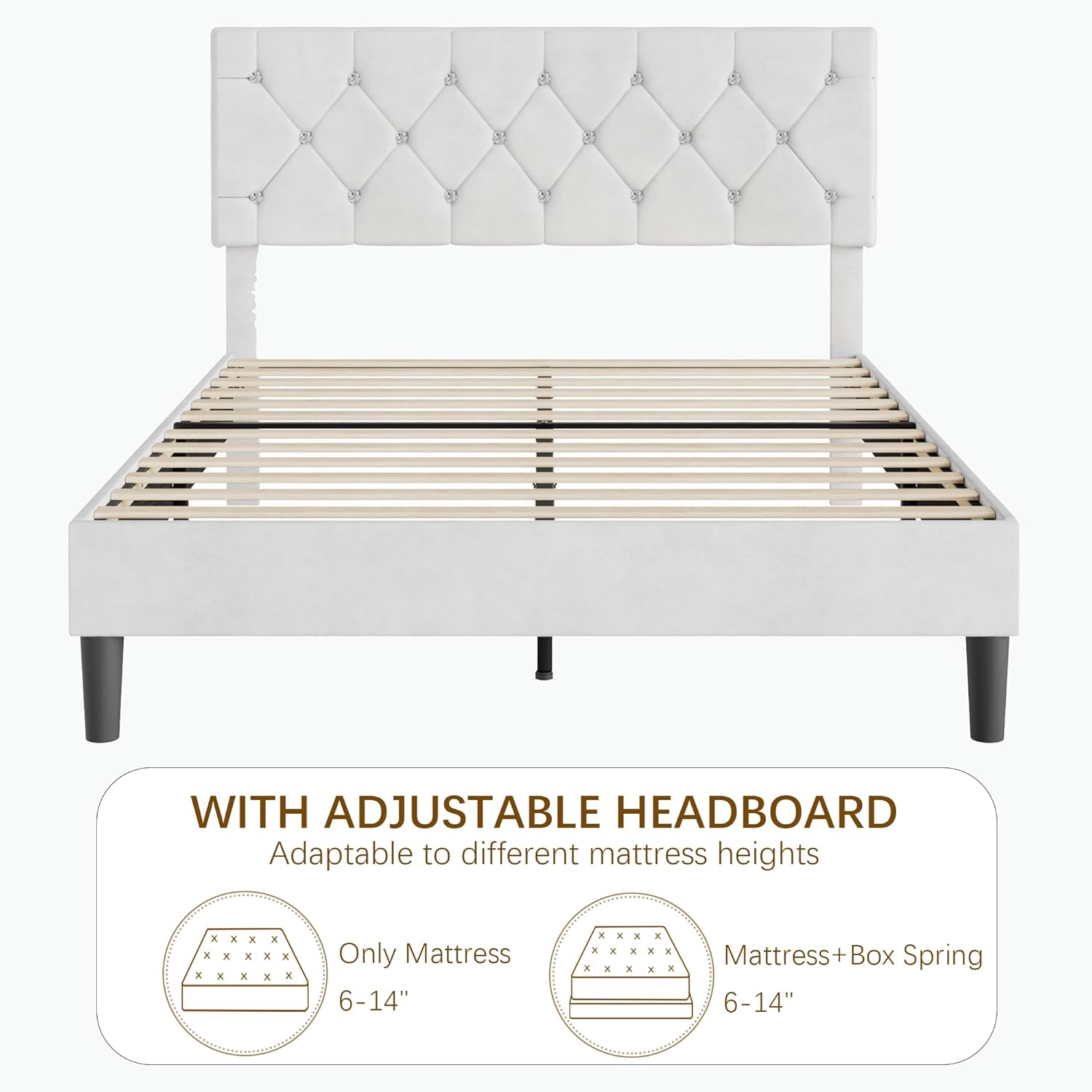 VECELO Full Size Bed Frame with Diamond Tufted Headboard, Upholstered Platform Bedframe with Wood Slat Support, No Box Spring Needed, Velvet & White