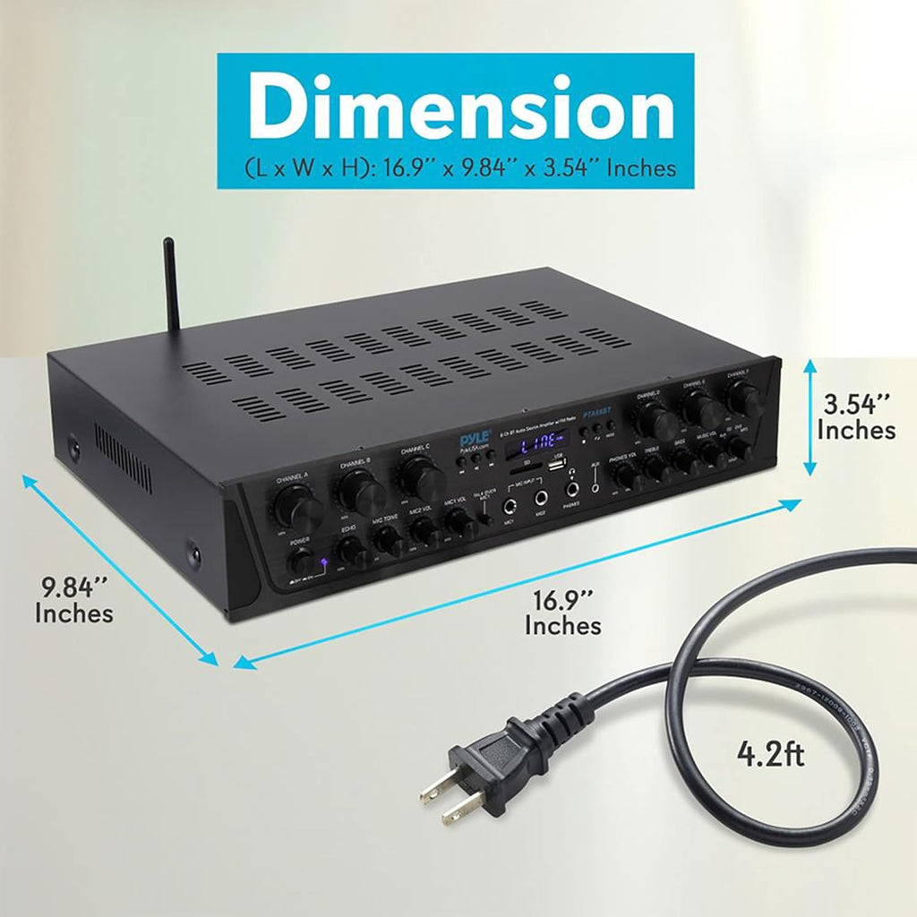 Pyle Home Audio Amplifier with Bluetooth - 6 Channel 600 Watt Peak Power, Karaoke with Echo, 2 Mic Input with Talkover, Headphone In, USB A MP3 Player with SD Reader - Home, Commercial, Worship