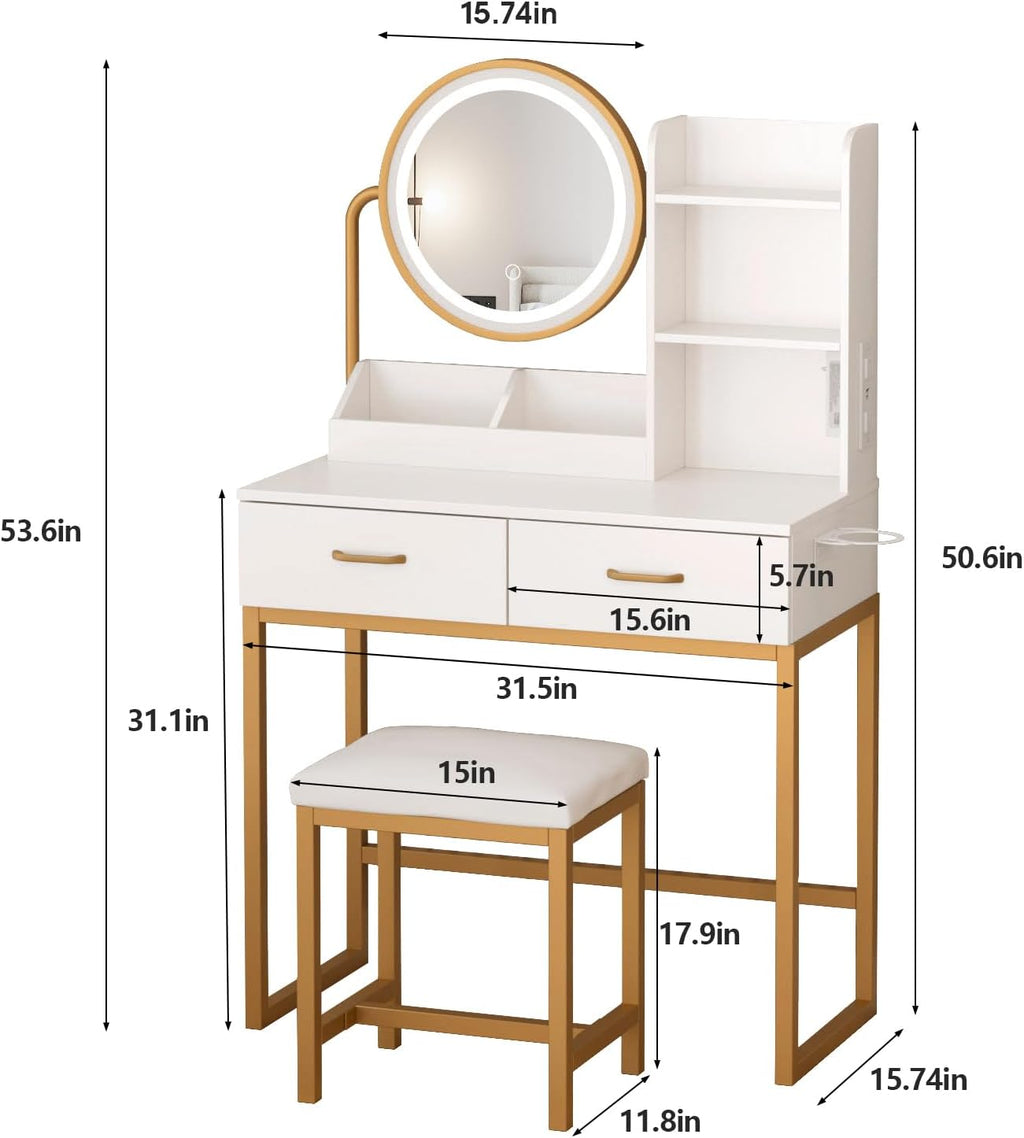 Vabches Makeup Vanity with Round Mirror and Lights, White Vanity Makeup Table with Charging Station, Small Vanity Table for Bedroom, 3 Lighting Modes, 31.5in(L)