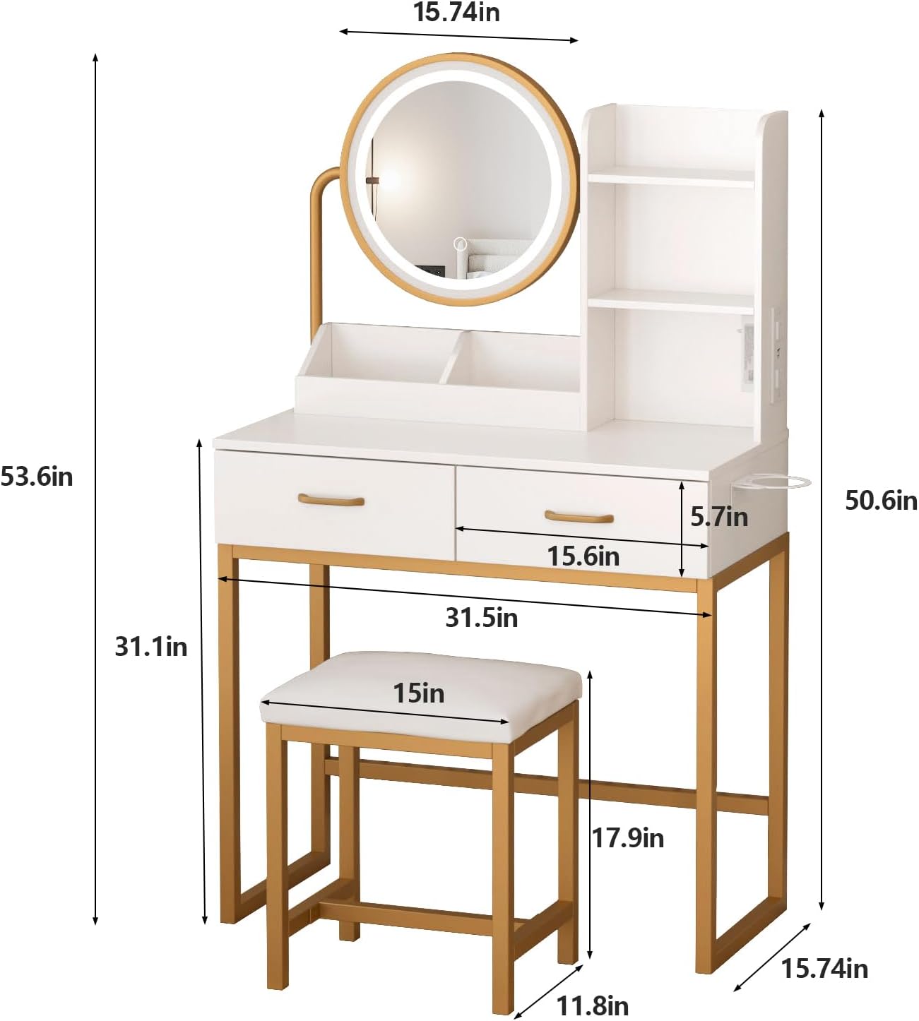 Vabches Makeup Vanity with Round Mirror and Lights, White Vanity Makeup Table with Charging Station, Small Vanity Table for Bedroom, 3 Lighting Modes, 31.5in(L)
