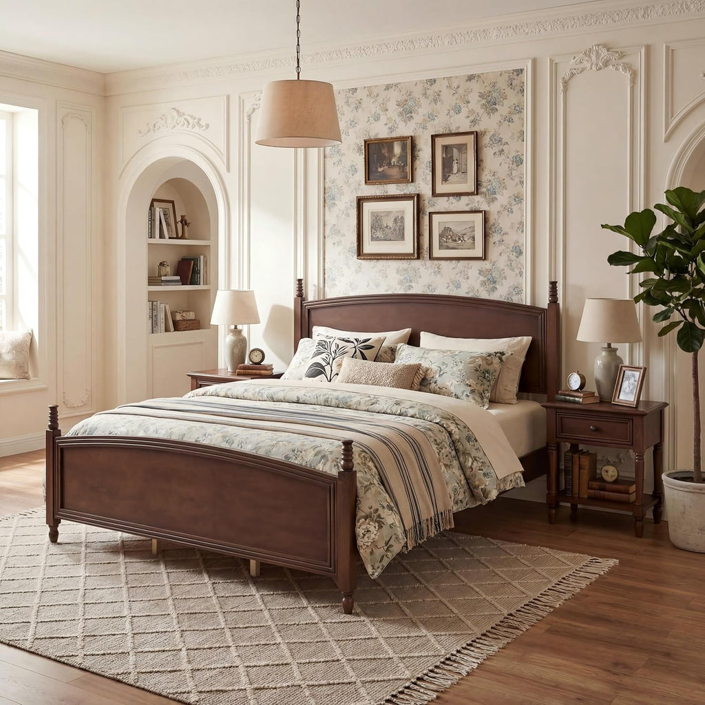 Christopher Knight Home King Bed Frame with Curved Headboard & Footboard, Solid Pine Wood Platform Bed Frame King Size, Mid Century Modern Bedframe with Wood Slat Support, No Box Spring Needed, Walnut
