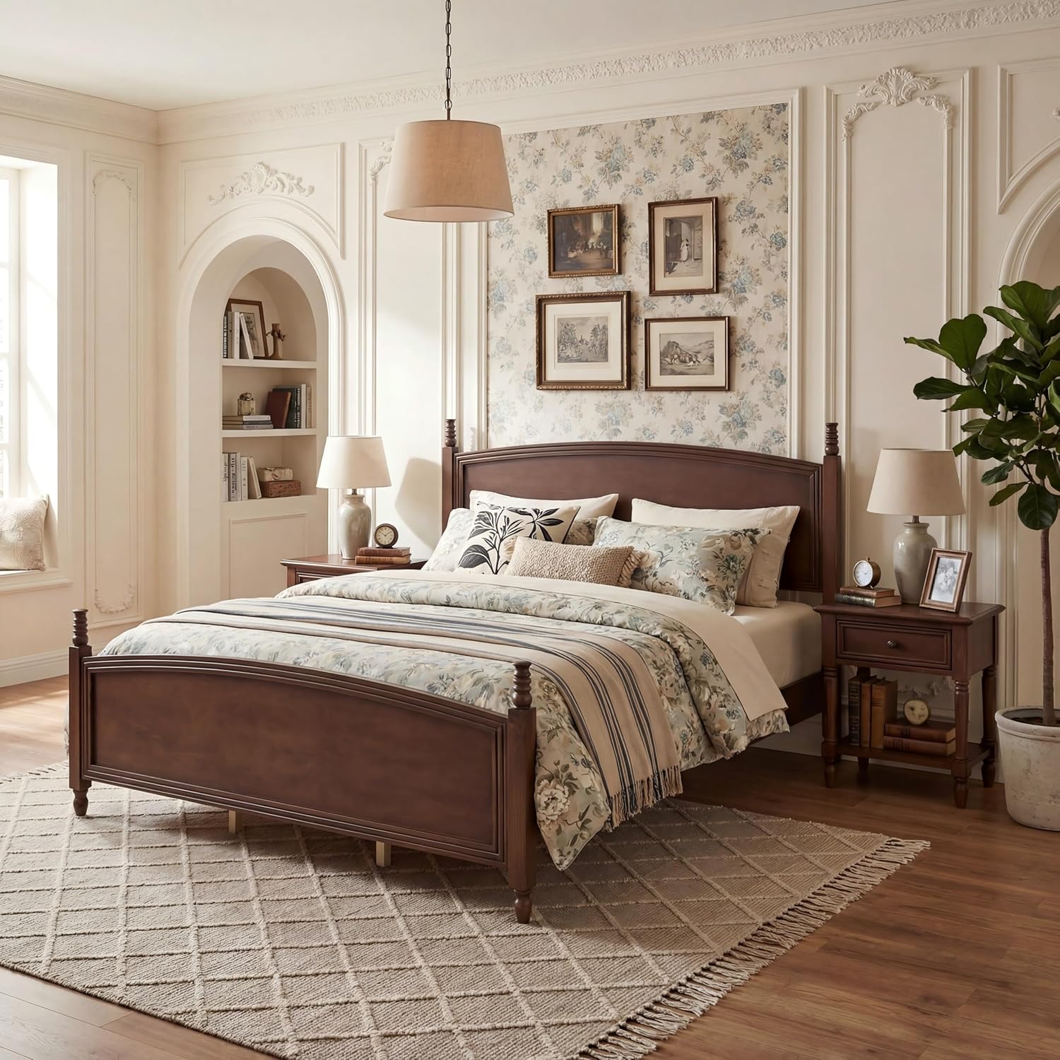 Christopher Knight Home King Bed Frame with Curved Headboard & Footboard, Solid Pine Wood Platform Bed Frame King Size, Mid Century Modern Bedframe with Wood Slat Support, No Box Spring Needed, Walnut