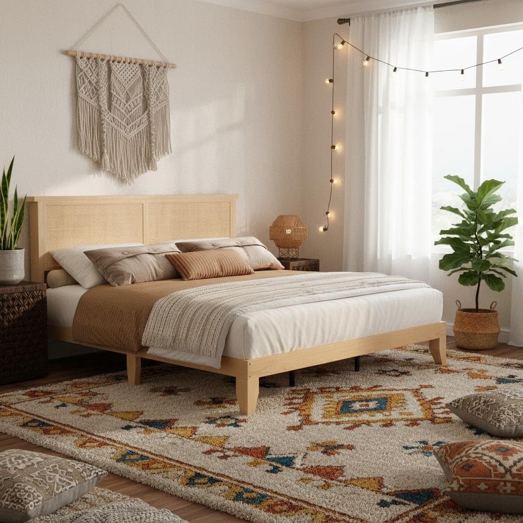 Garvee Full Size Rattan Bed Frame, Bohemian Rattan Bed Frame Full with Natural Headboard, LED Lights, No Box Spring Needed