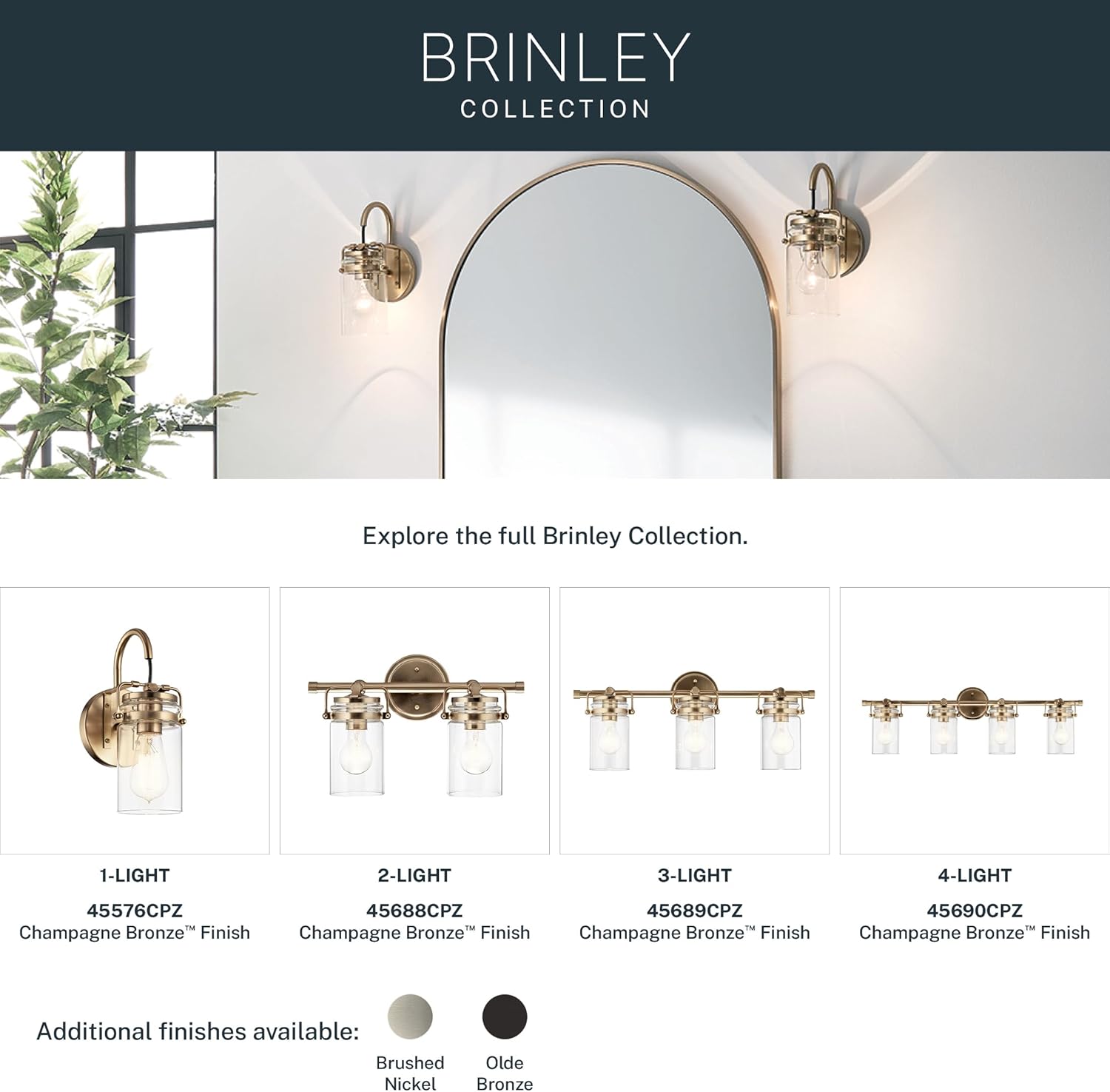 Kichler Brinley 24" 3-Light Bathroom Vanity Light Fixture with Clear Glass in Champagne Bronze, Modern Farmhouse Mason Jar Style for Mirror Lighting (24" W x 10.25" H), 45689CPZ