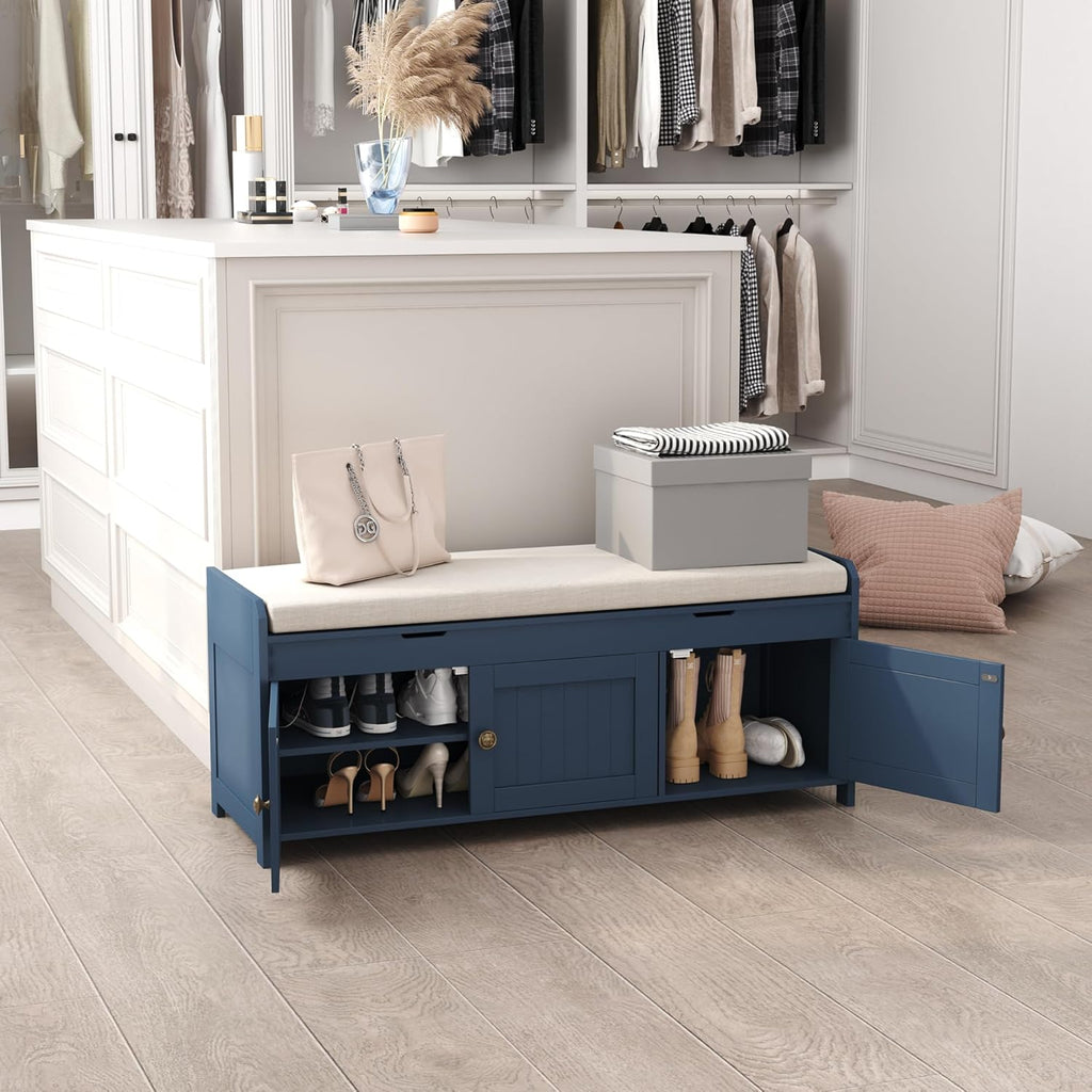 HOMEFORT 41.3" Shoe Bench with Lift Top Storage, Entryway Bench with Cushioned Seat, Wooden End of Bed Bench, Shoe Cabinet Bench with Hidden Storage Space, for Bedroom, Hallway,Blue