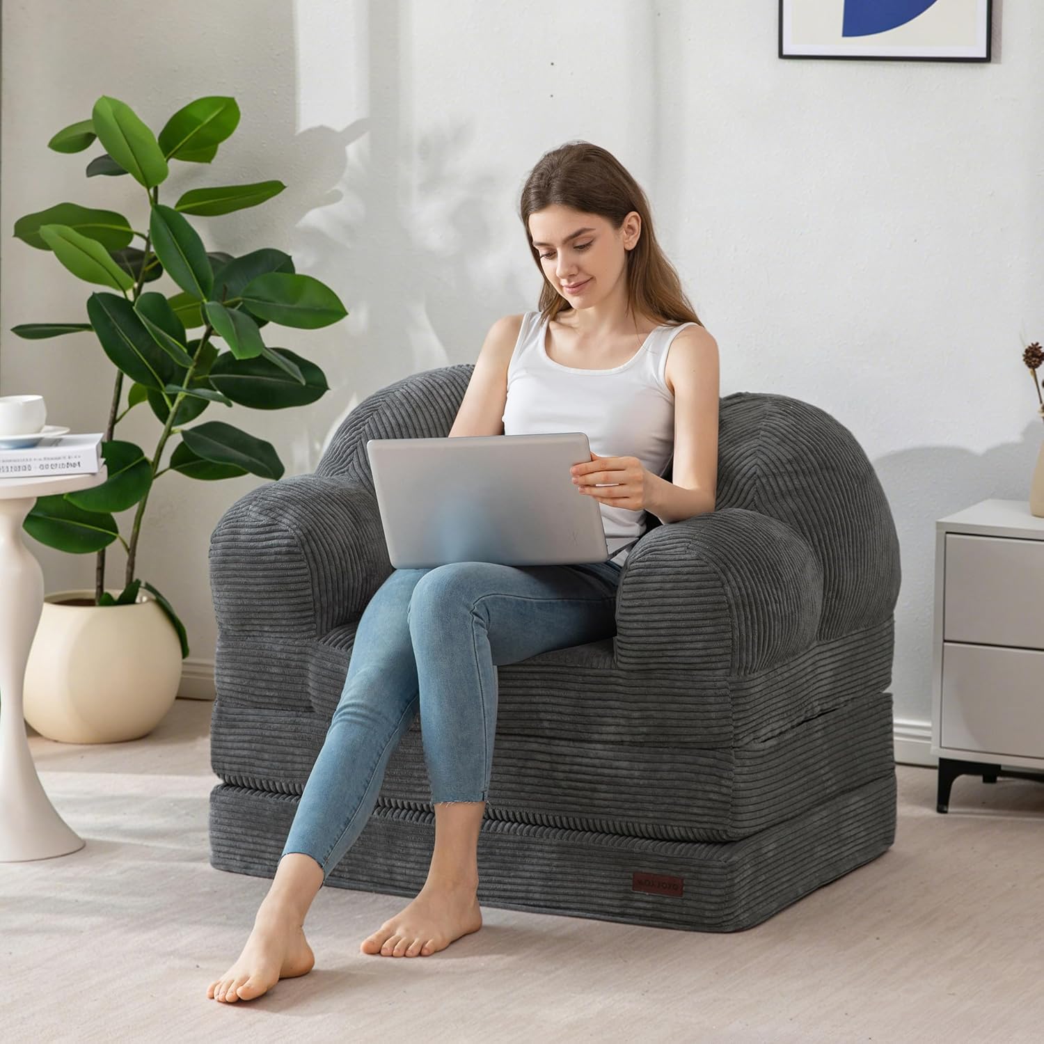 MAXYOYO Folding Sofa Bed, Floral-Shaped Convertible Floor Sofa Couch with Backrest, 2 in 1 Comfy Lounger Bean Bag Chair with Handle, Floor Single Sleeper Couch for Living Room Bedroom, Dark Grey