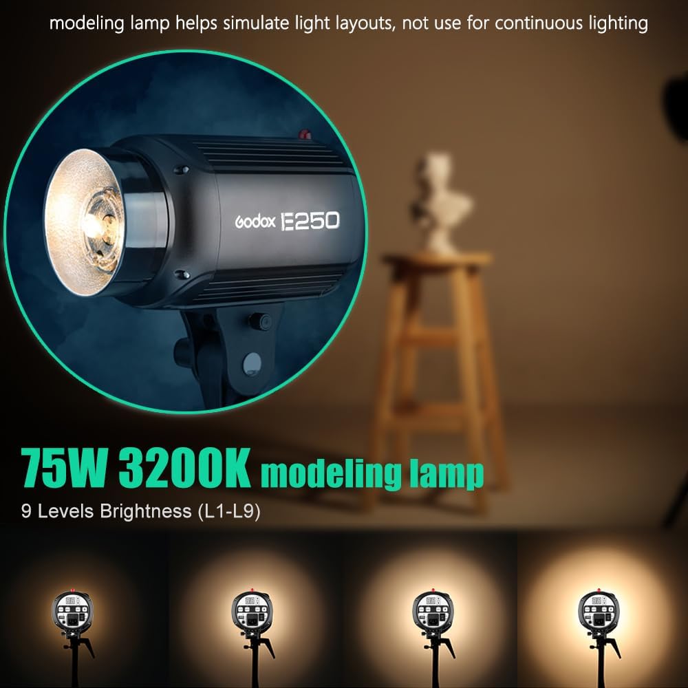 Godox 750W Professional Studio Strobe Flash Light Kit, 3-Light Godox Strobe Lighting Kit for Photography, 3x250W 5600K Monolights with Strobe Trigger, Softbox, Light Stands, Boom Arm