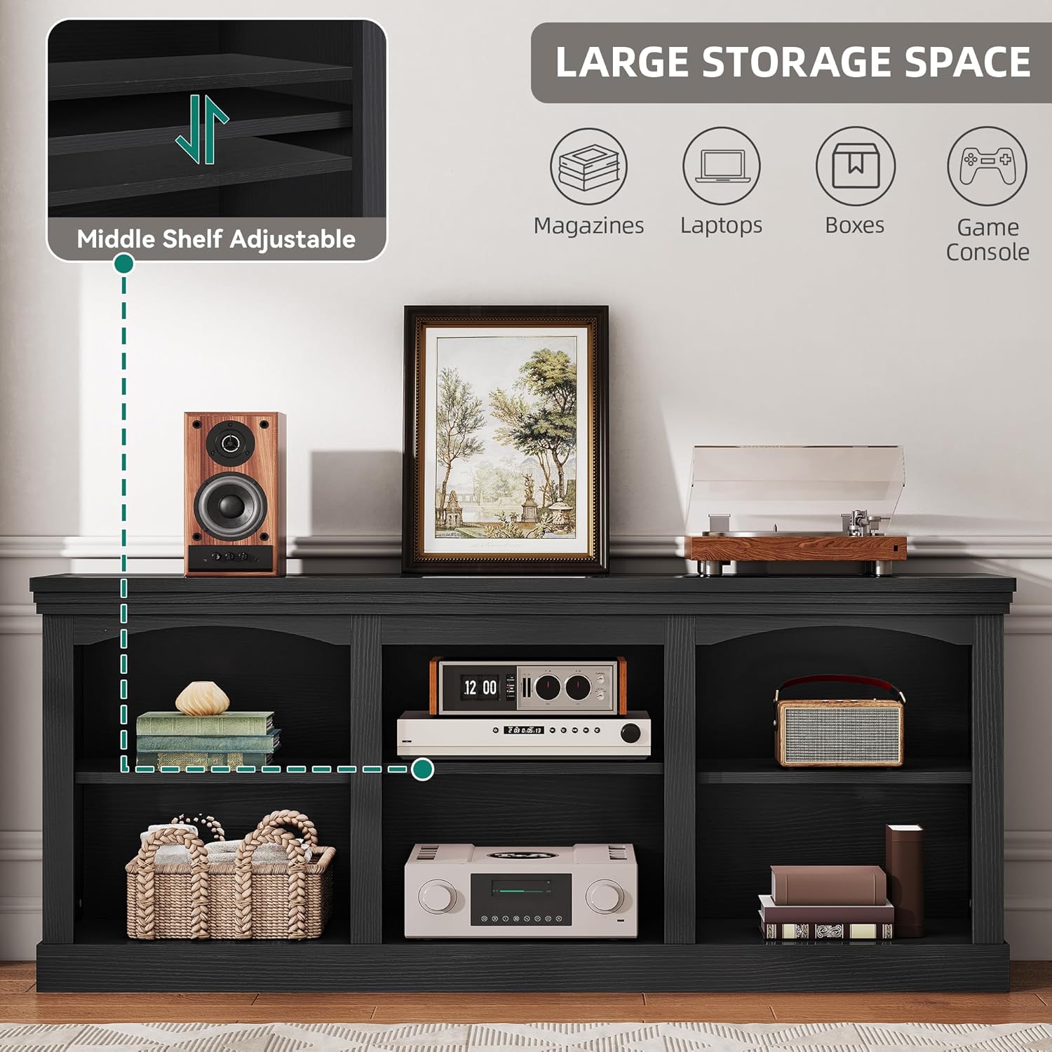 YITAHOME Farmhouse TV Stand with Cord Management for 75/80 Inch TV, Entertainment Center with Adjustable Shelf & Open Storage, 70" TV Console Table for Living Room (Black)