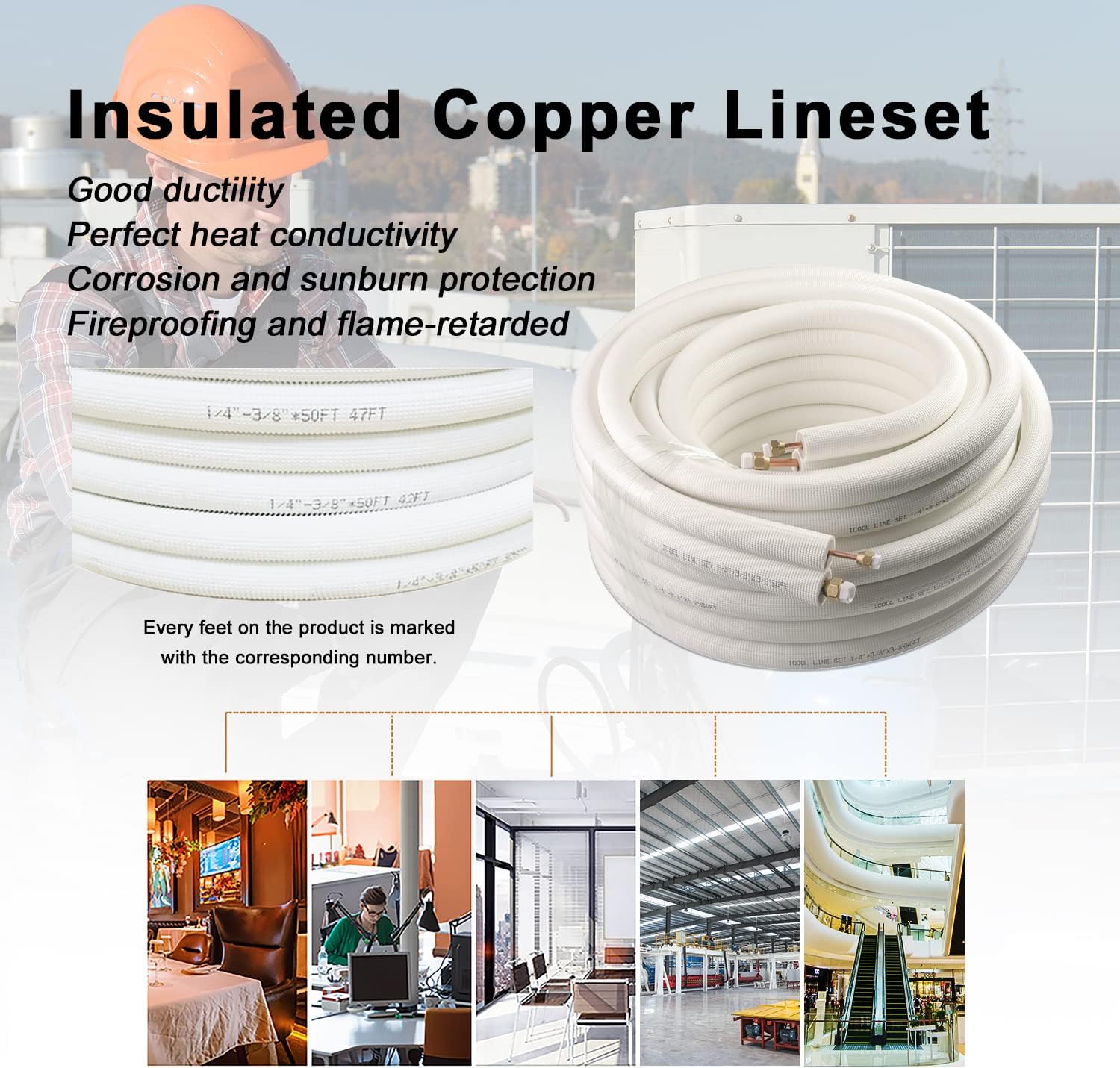Wostore 50Ft. Mini Split Line Set Includes Two Pipes 1/4" & 3/8" O.D. 3/8" Thickened PE Insulated Coil Copper Line with Nuts for Air Conditioner HVAC Refrigeration and Heating Equipment