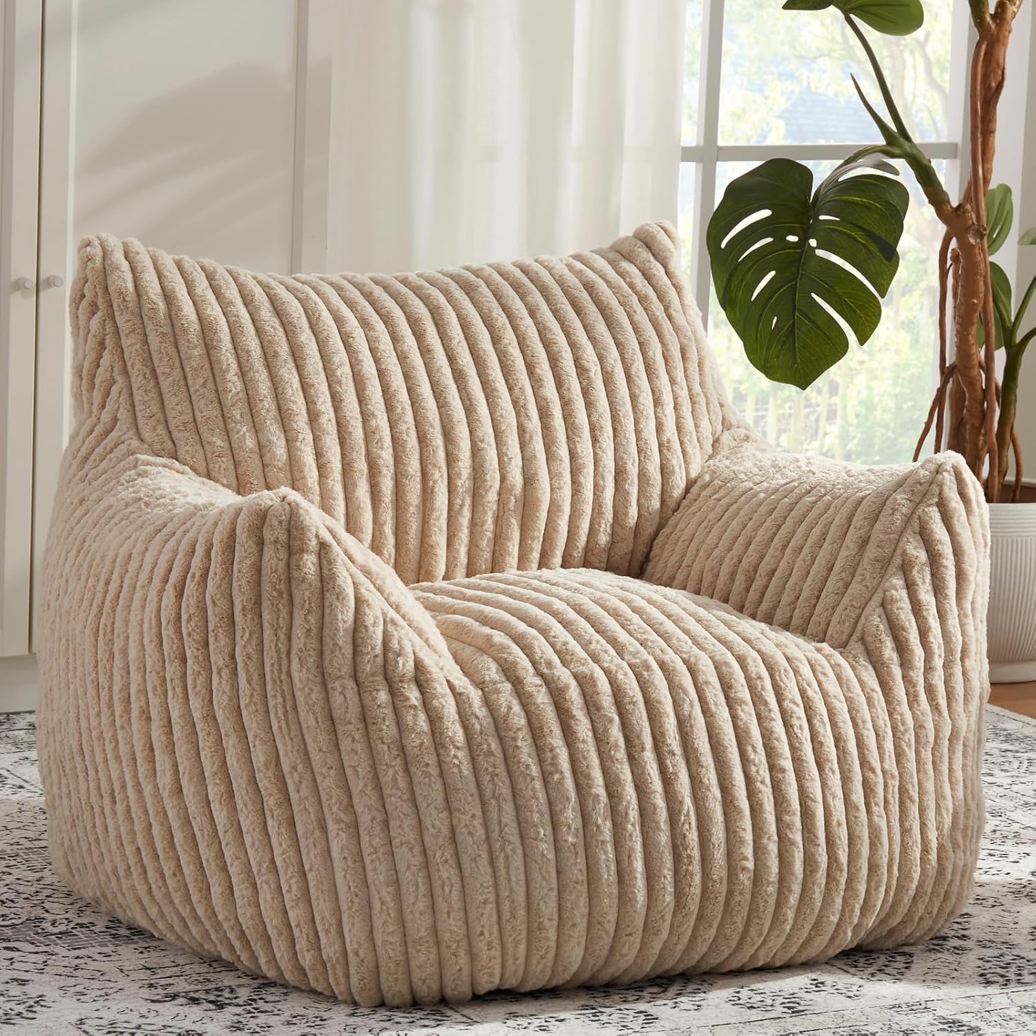 Giant Bean Bag Chairs for Adults Teens with Filling Large Fluffy Bean Bag Chair with Armrests Plush Comfy BeanBag Couch Sofa Chair for Bedroom Living Room Reading