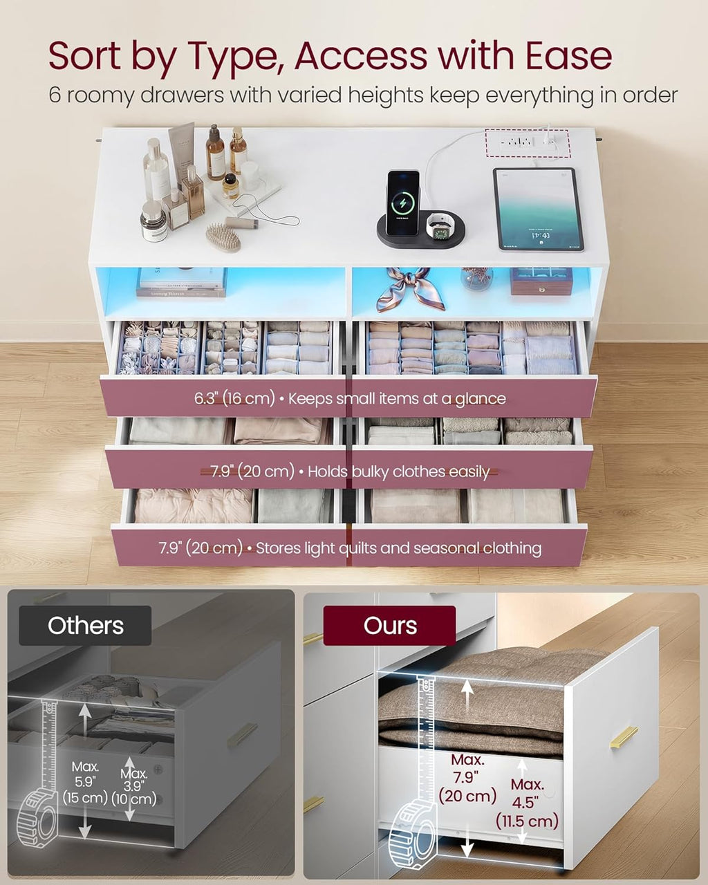 VASAGLE Custos Collection - Dresser for Bedroom, with LED Lights and Power Strip, Chest of Drawers, Modern, TV Stand for Living Room, 6 Drawers, 15.8 x 46.9 x 32 Inches, Cloud White ULTS316WB01S