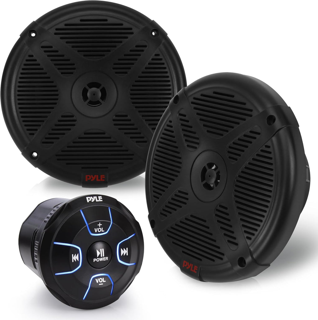 6.5'' Dual Marine Speakers Kit - Waterproof-Rated w/Amplified Bluetooth Remote Control Receiver for Powersport Vehicles, IP65 Marine Grade Rating, 600 Watt Max Power - Pyle PLMRKT8