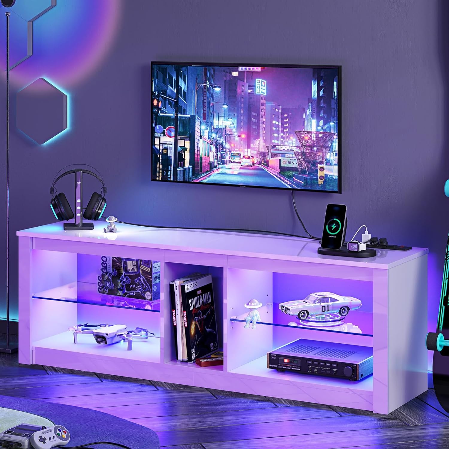 Bestier LED TV Stand for 55/60/65 Inch TV, White High Gloss Entertainment Center with Power Outlet & Adjustable Shelves, Modern Gaming TV Console with Storage for Living Room Bedroom
